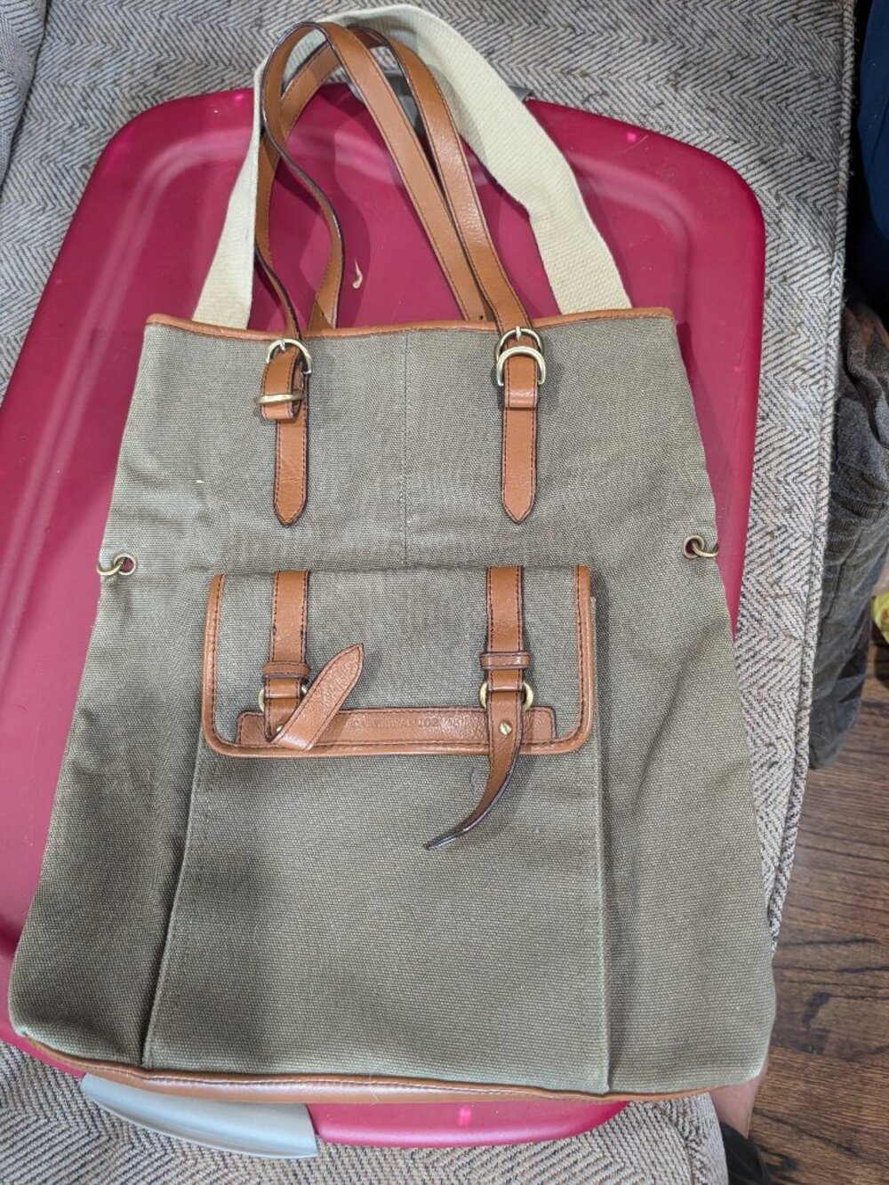 Caribbean Joe Olive Green Canvas Tote Bag, Faux Leather Trim, Utility Pockets